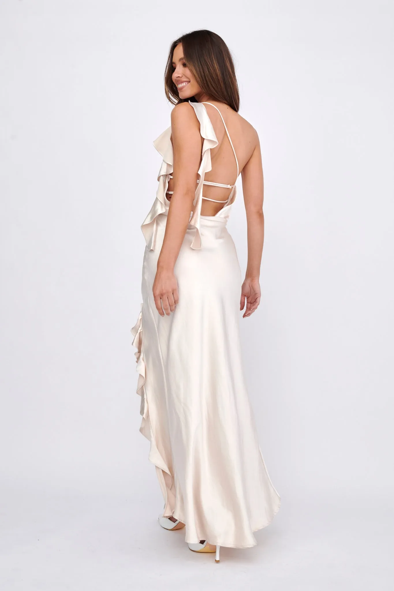 Jayda One Shoulder Ruffle Trim Maxi Dress Champagne sold by Selfie Leslie product image thumbnail 3