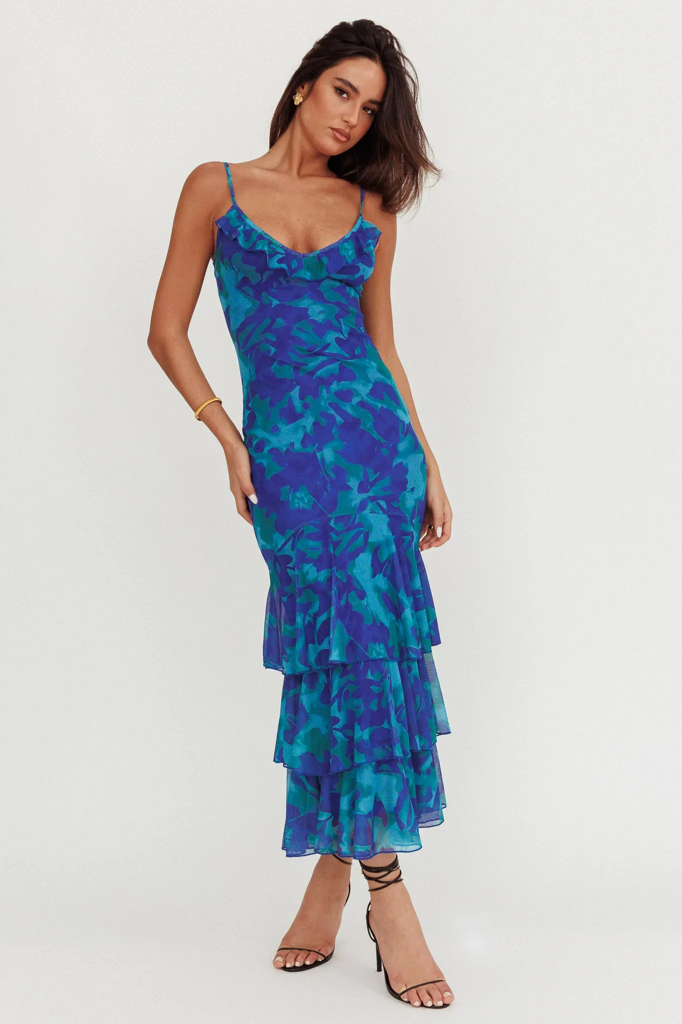 Oskar Tiered Ruffle Hem Mermaid Maxi Dress Abstract Blue sold by Selfie Leslie product image thumbnail 5