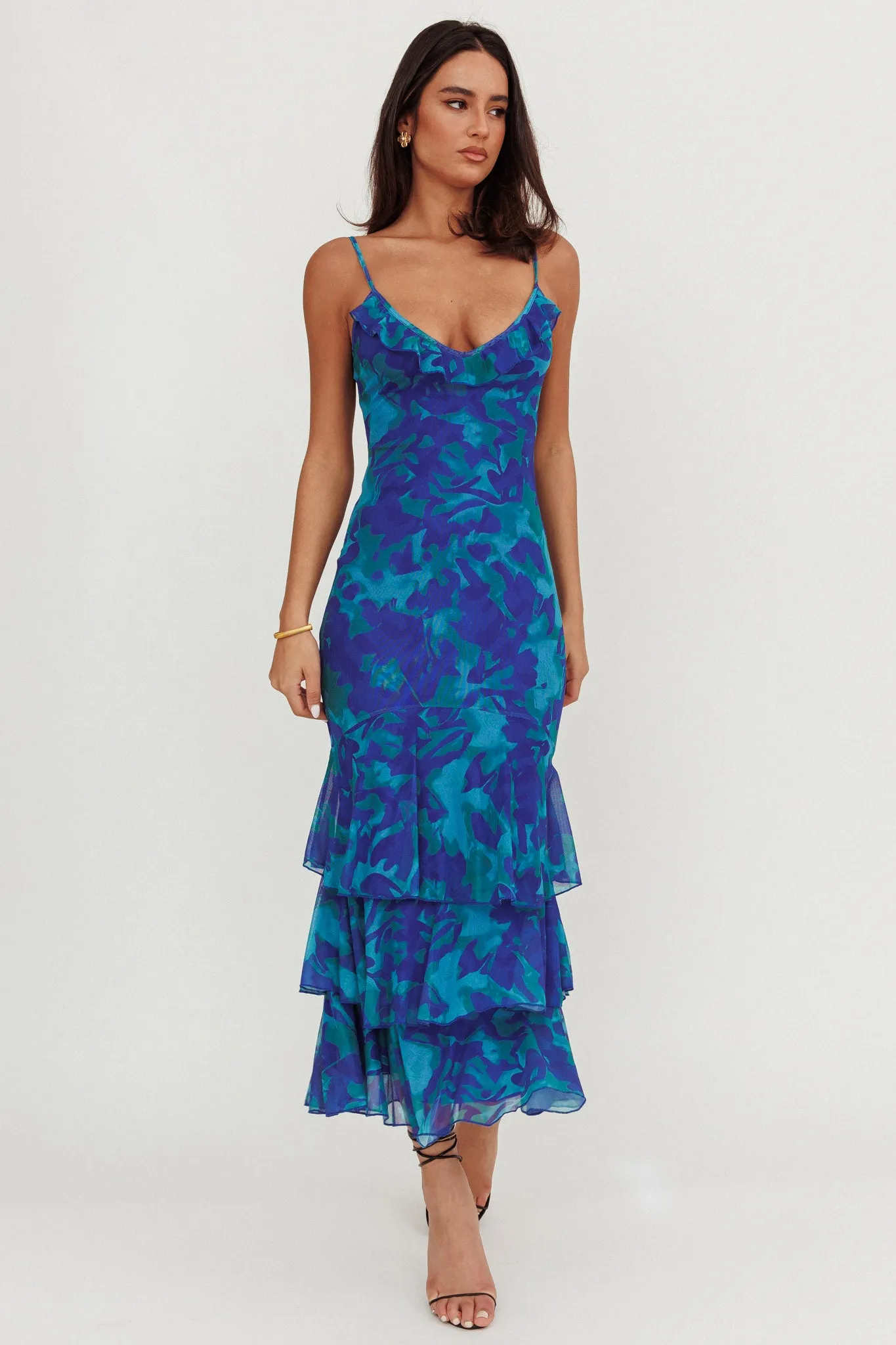 Oskar Tiered Ruffle Hem Mermaid Maxi Dress Abstract Blue sold by Selfie Leslie product image thumbnail 2