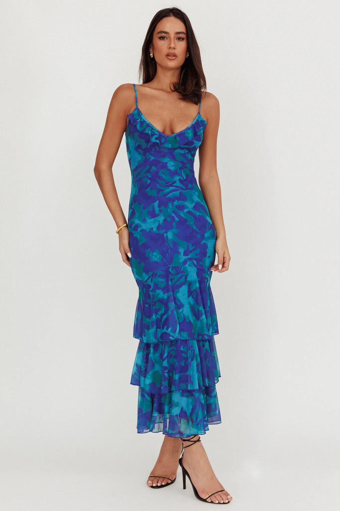 Oskar Tiered Ruffle Hem Mermaid Maxi Dress Abstract Blue sold by Selfie Leslie
