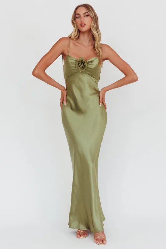 High Roller Cowl Back Rosette Maxi Dress Olive sold by Selfie Leslie