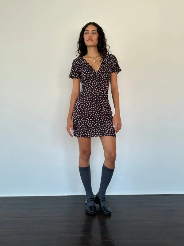 Field Trip Button Front Mini Dress Black Floral sold by Selfie Leslie