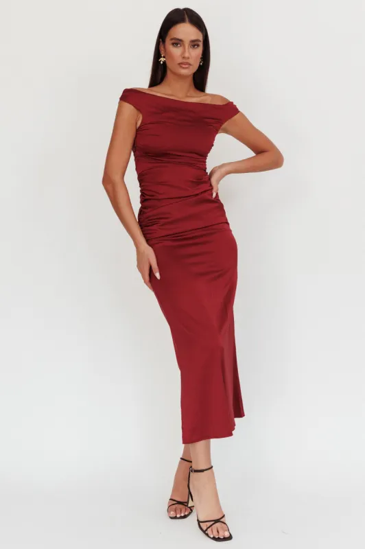In Blooms Off Shoulder Satin Maxi Dress Wine sold by Selfie Leslie
