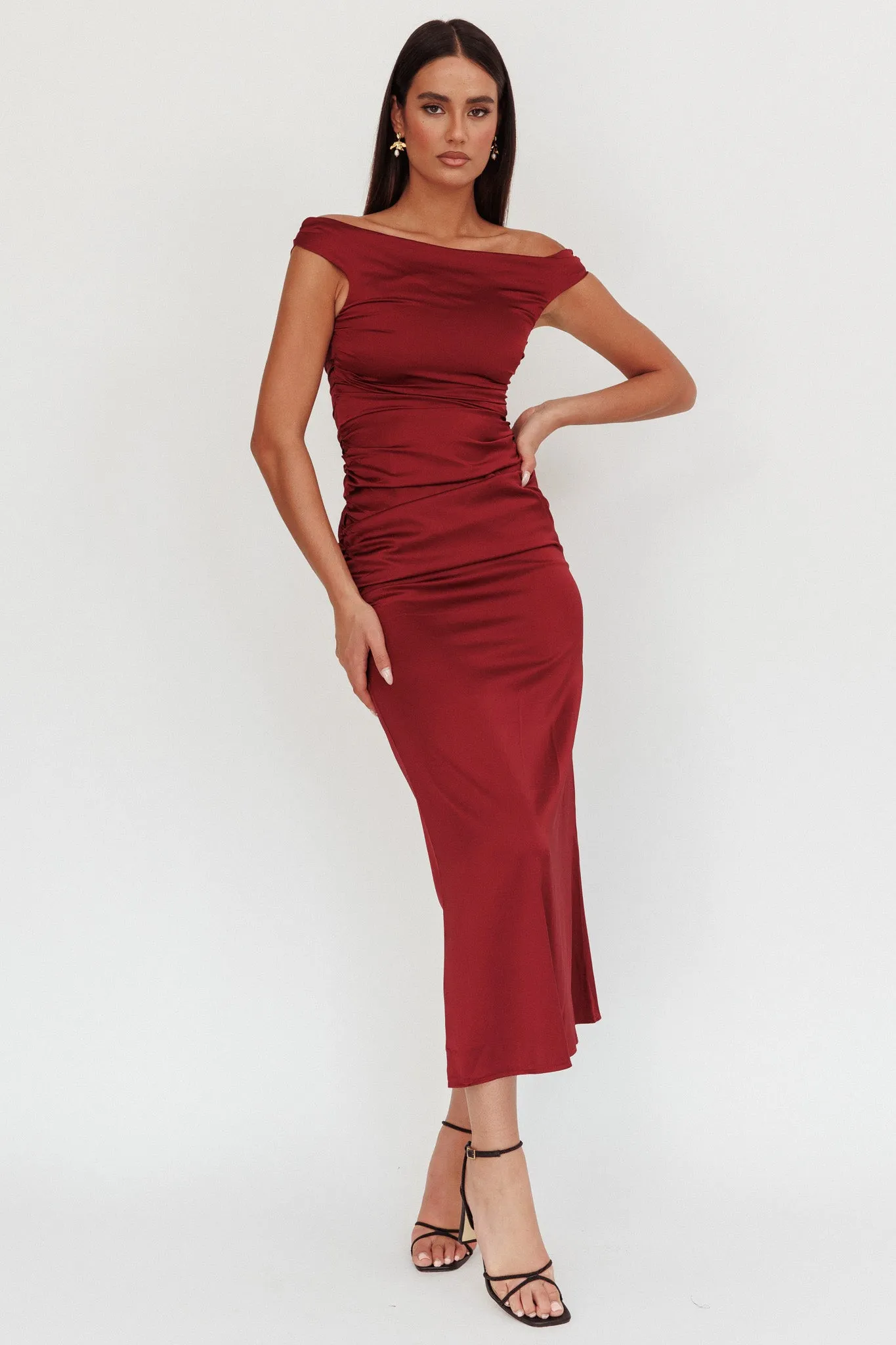 In Blooms Off Shoulder Satin Maxi Dress Wine sold by Selfie Leslie