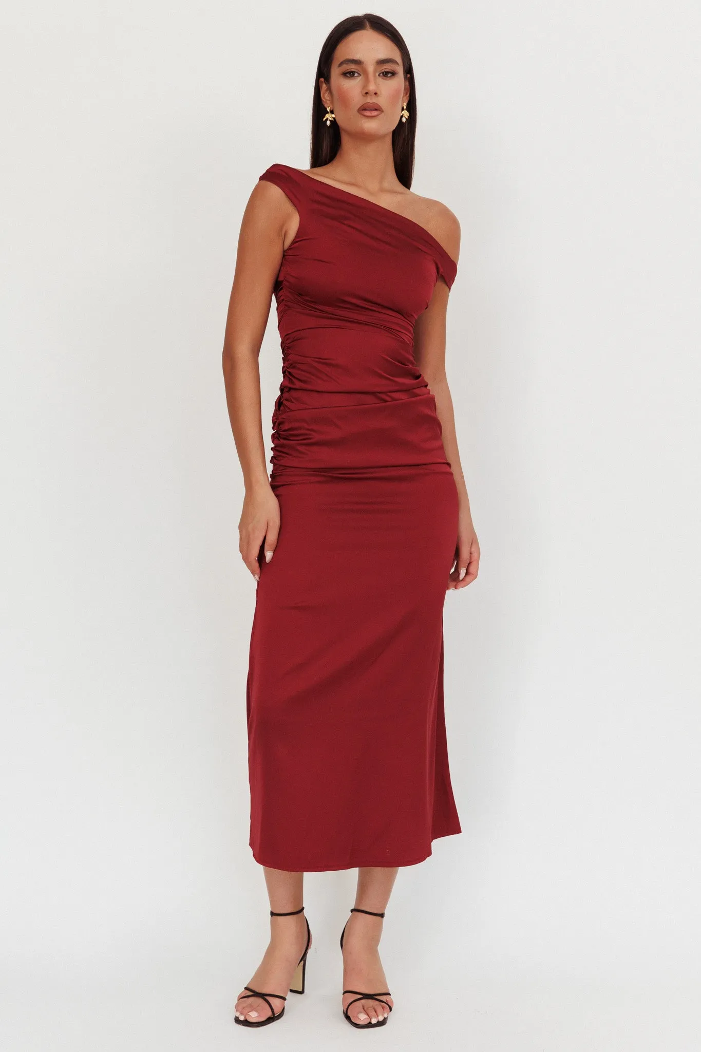 In Blooms Off Shoulder Satin Maxi Dress Wine sold by Selfie Leslie product image thumbnail 4