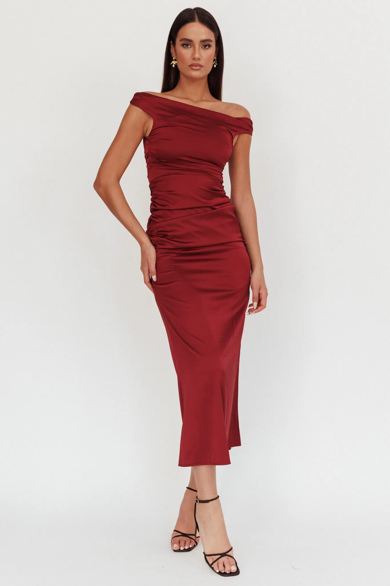 In Blooms Off Shoulder Satin Maxi Dress Wine sold by Selfie Leslie product image thumbnail 5