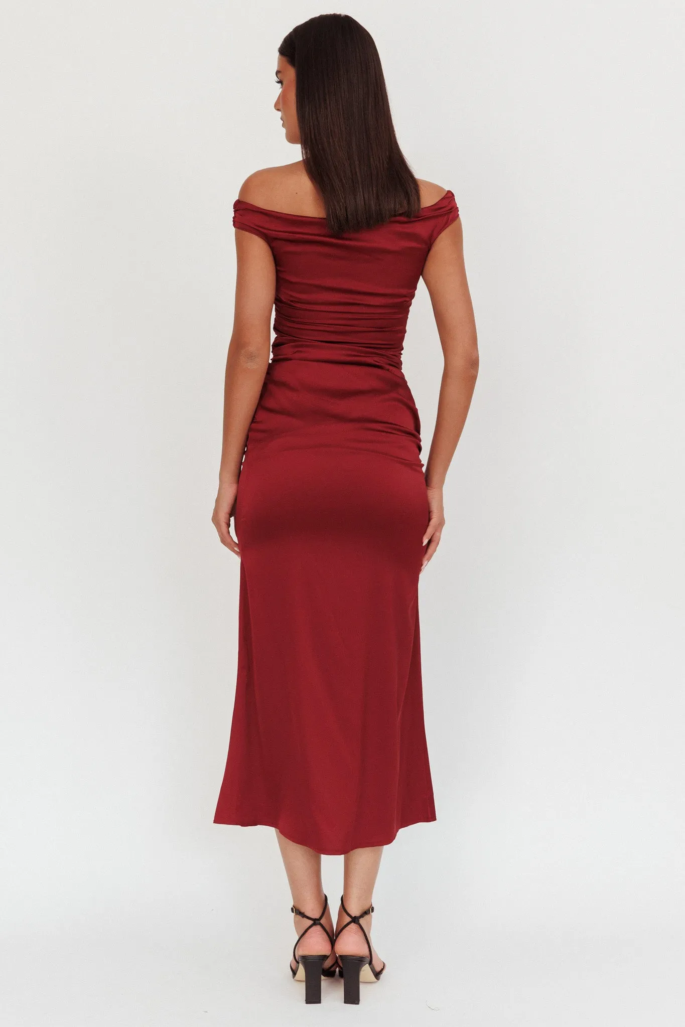 In Blooms Off Shoulder Satin Maxi Dress Wine sold by Selfie Leslie product image thumbnail 2