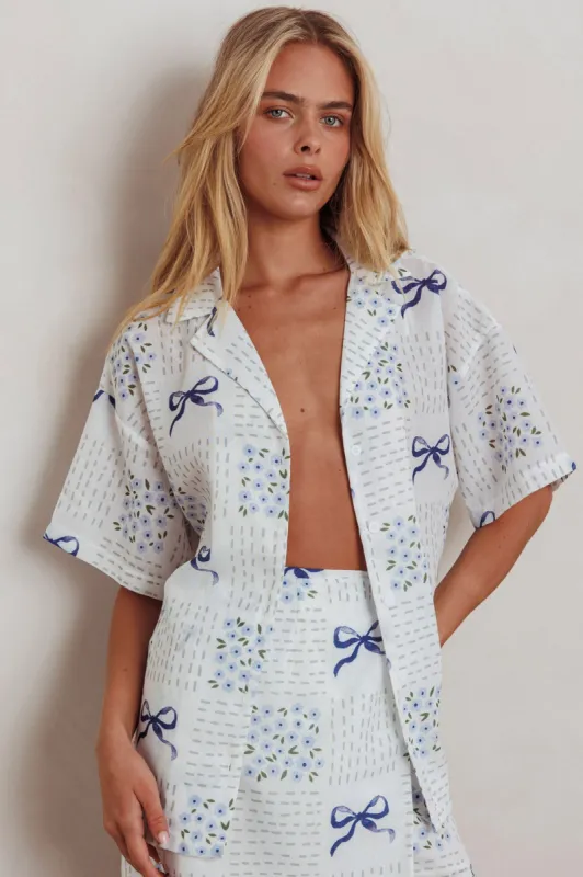 Ithaca Short Sleeve Button Shirt Bow Print Blue sold by Selfie Leslie