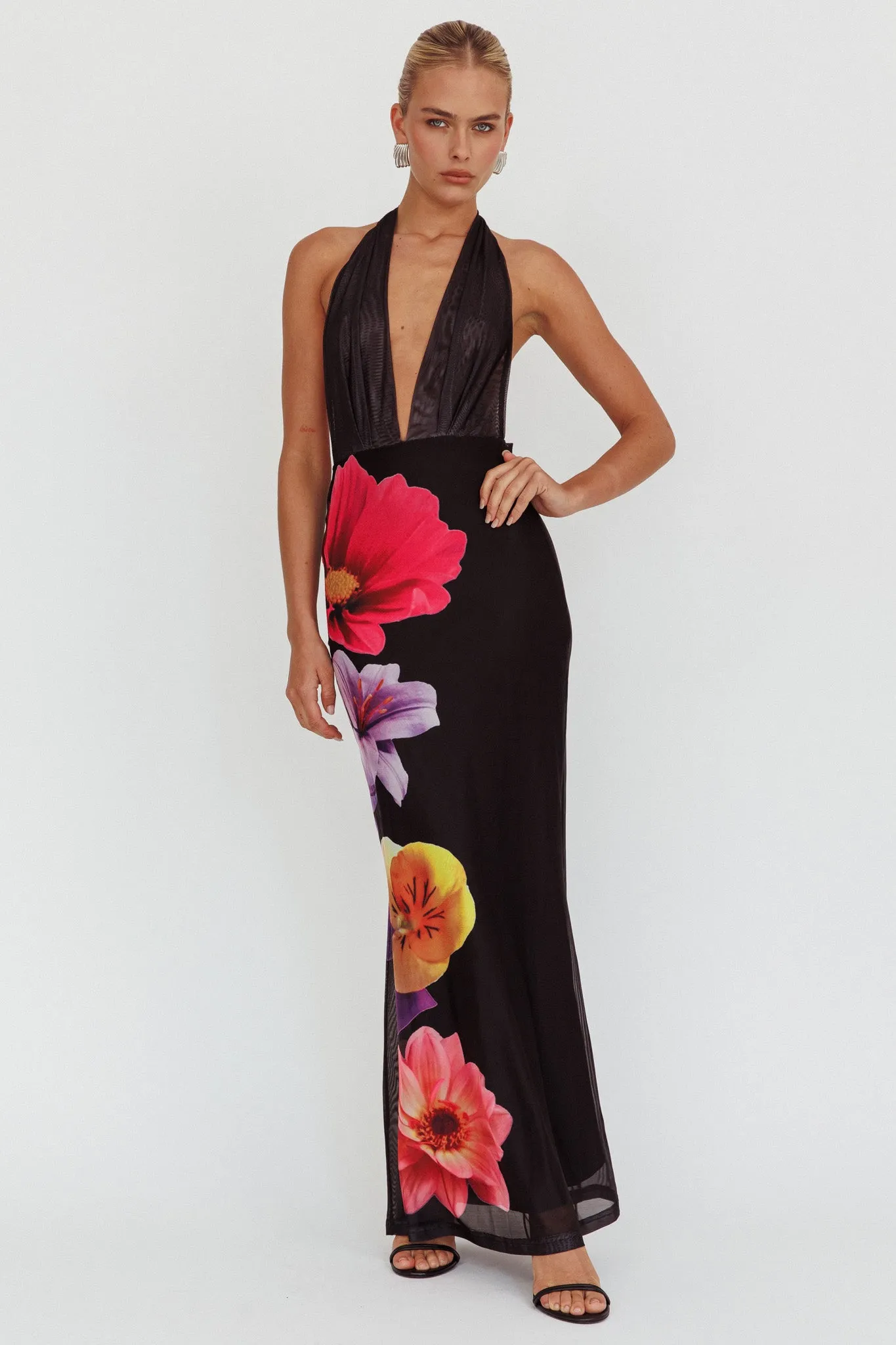 Italia Azure Halterneck Maxi Dress Flowers Black sold by Selfie Leslie product image thumbnail 5