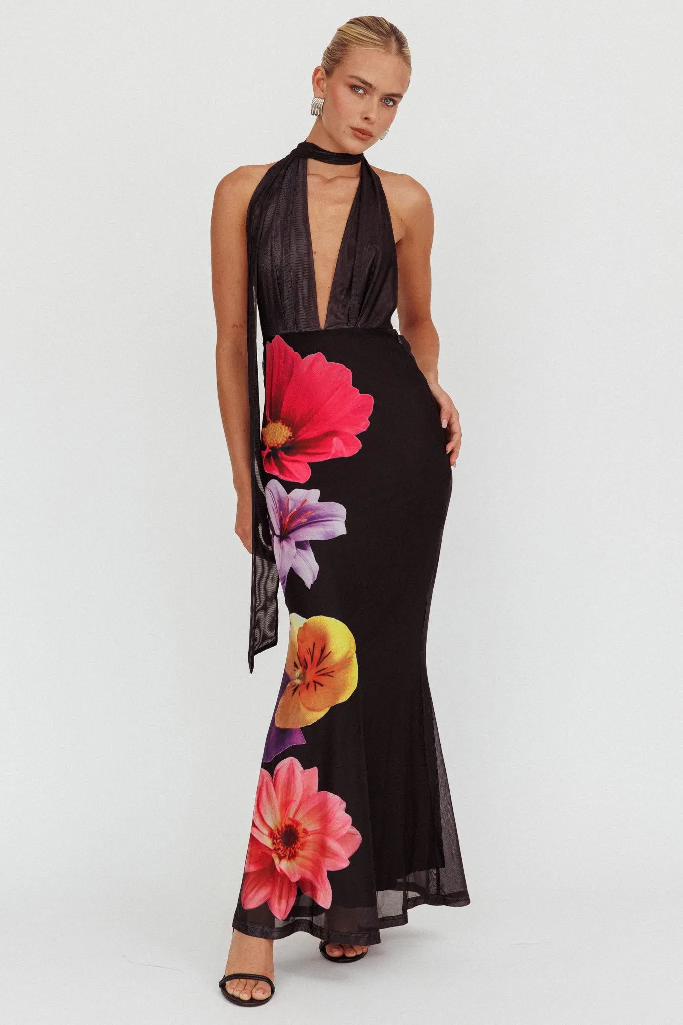 Italia Azure Halterneck Maxi Dress Flowers Black sold by Selfie Leslie