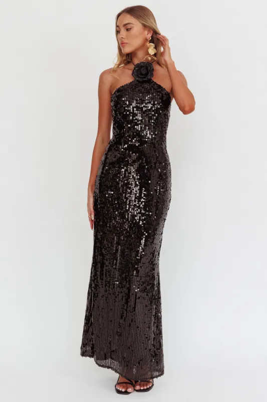 High Roller Flower Decoration Halter Dress Sequin Black sold by Selfie Leslie