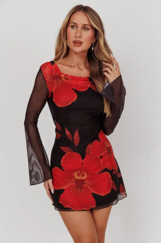 Isabella Long Sleeve Backless Mini Dress Hibiscus Black sold by Selfie Leslie