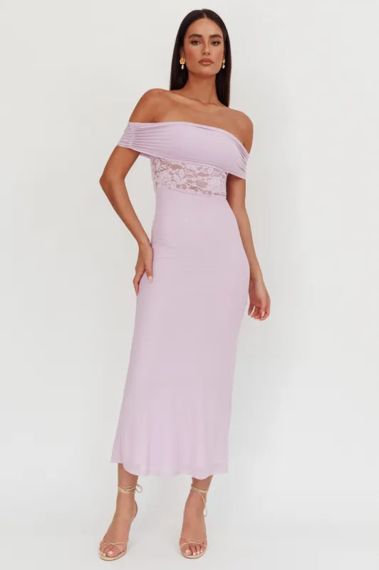 Flutters Off-Shoulder Lace Insert Maxi Dress Lilac sold by Selfie Leslie