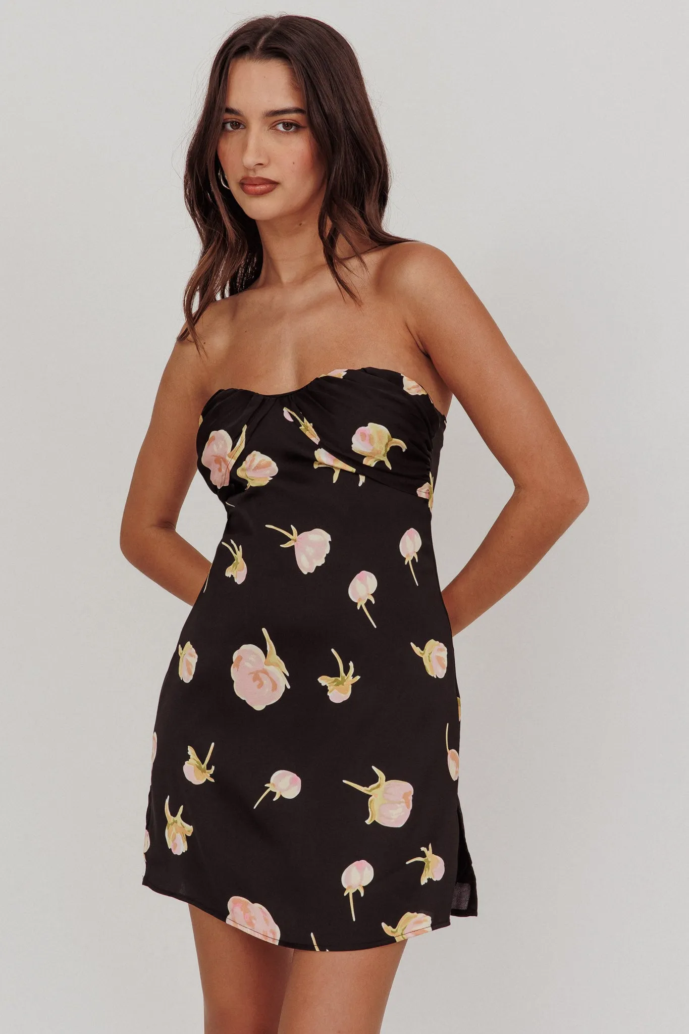 Sian Strapless Sweetheart Mini Dress Flowers Black sold by Selfie Leslie