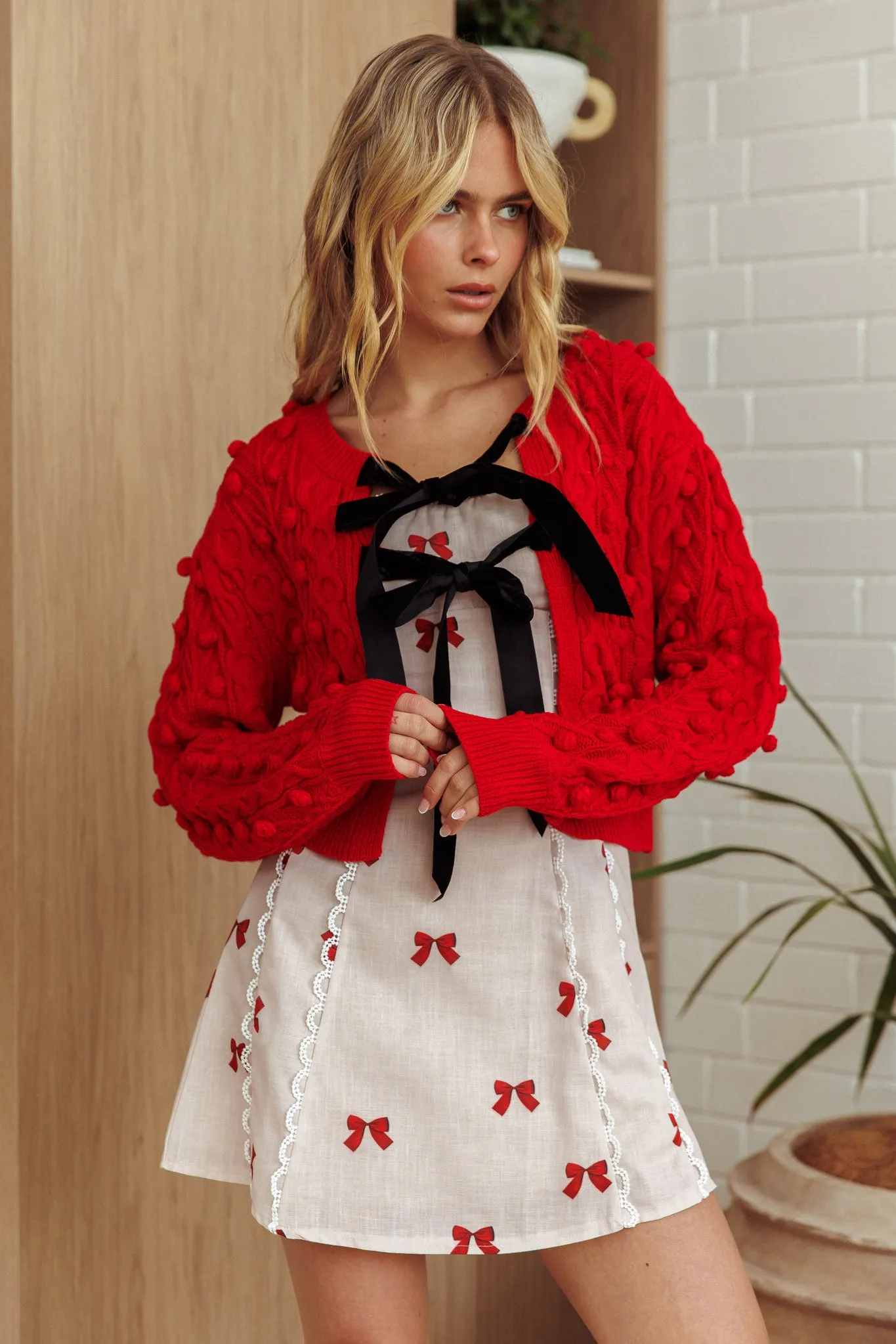 Tera Velvet Bow Cardigan Red sold by Selfie Leslie