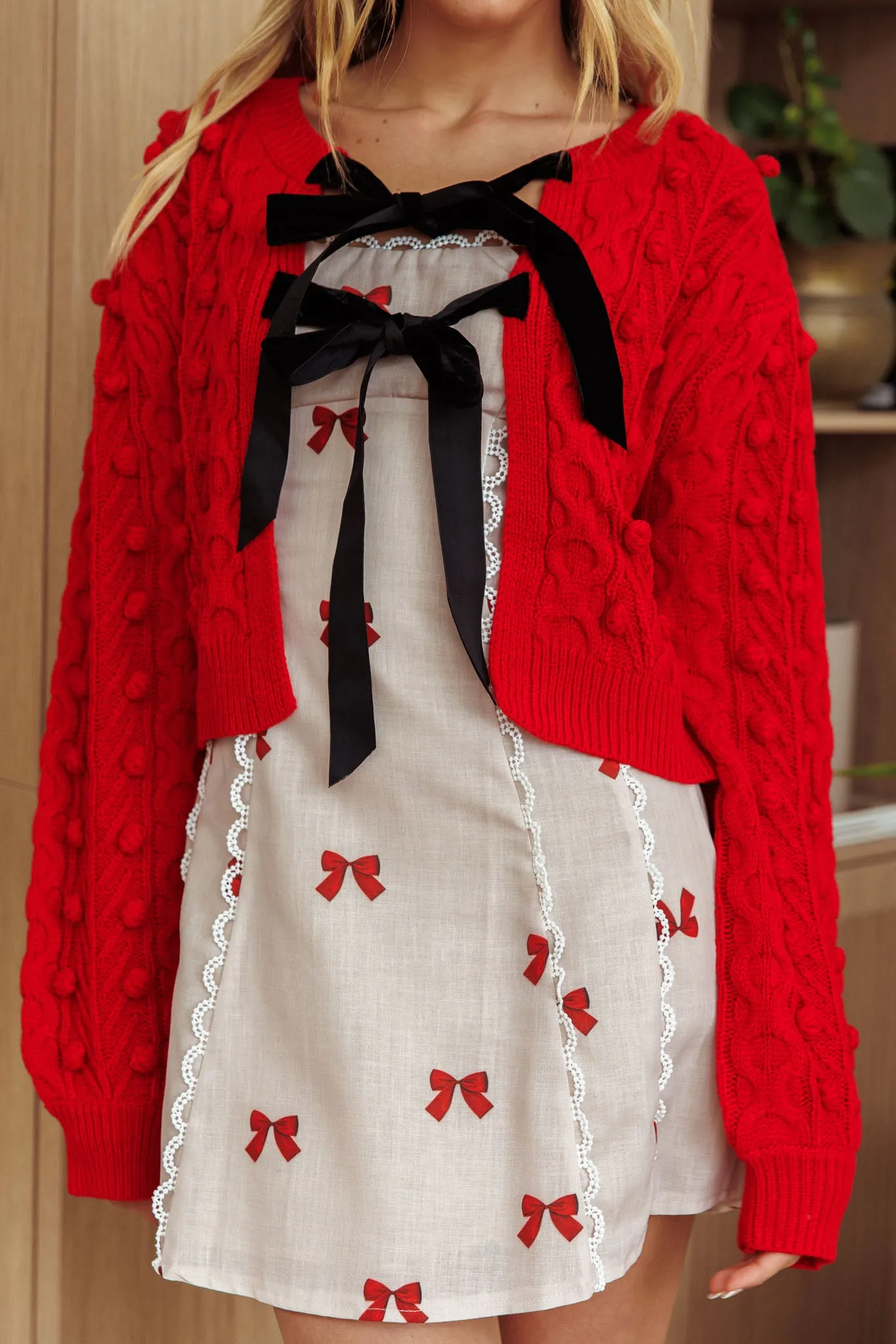 Tera Velvet Bow Cardigan Red sold by Selfie Leslie product image thumbnail 3