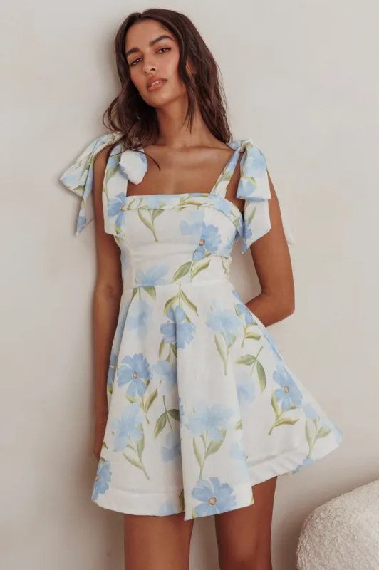 Jeanie Tied Shoulder Mini Dress Flower Blue sold by Selfie Leslie