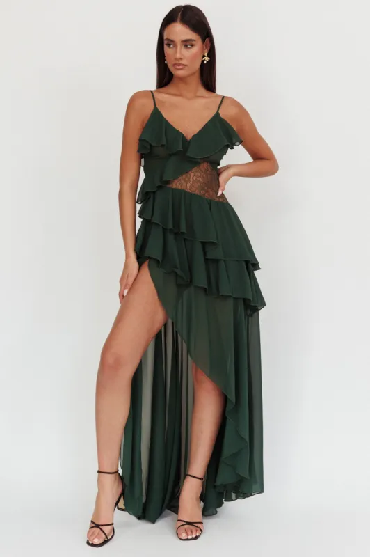 Amaretto Lace Waist Ruffle Maxi Dress Hunter Green sold by Selfie Leslie