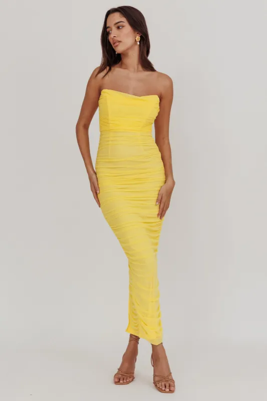 Midwest Strapless Gathered Mesh Maxi Dress Lemon sold by Selfie Leslie