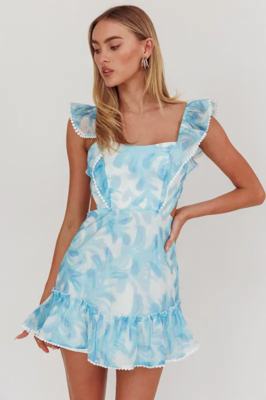 Porcia Tied Back Frill Dress Leaves Blues sold by Selfie Leslie