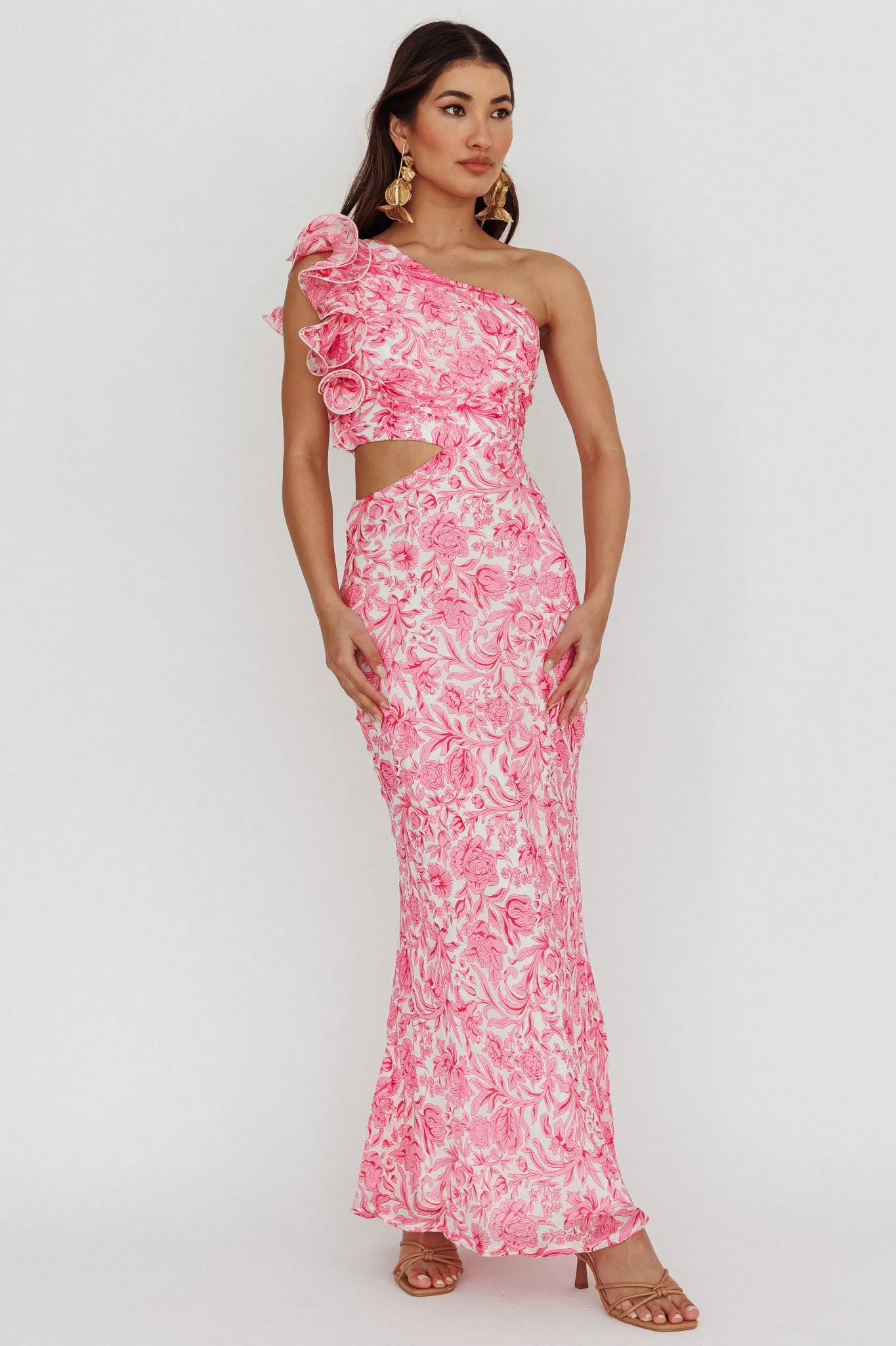 Deanna One-Shoulder Ruffle Midi Dress Floral Pink sold by Selfie Leslie product image thumbnail 4