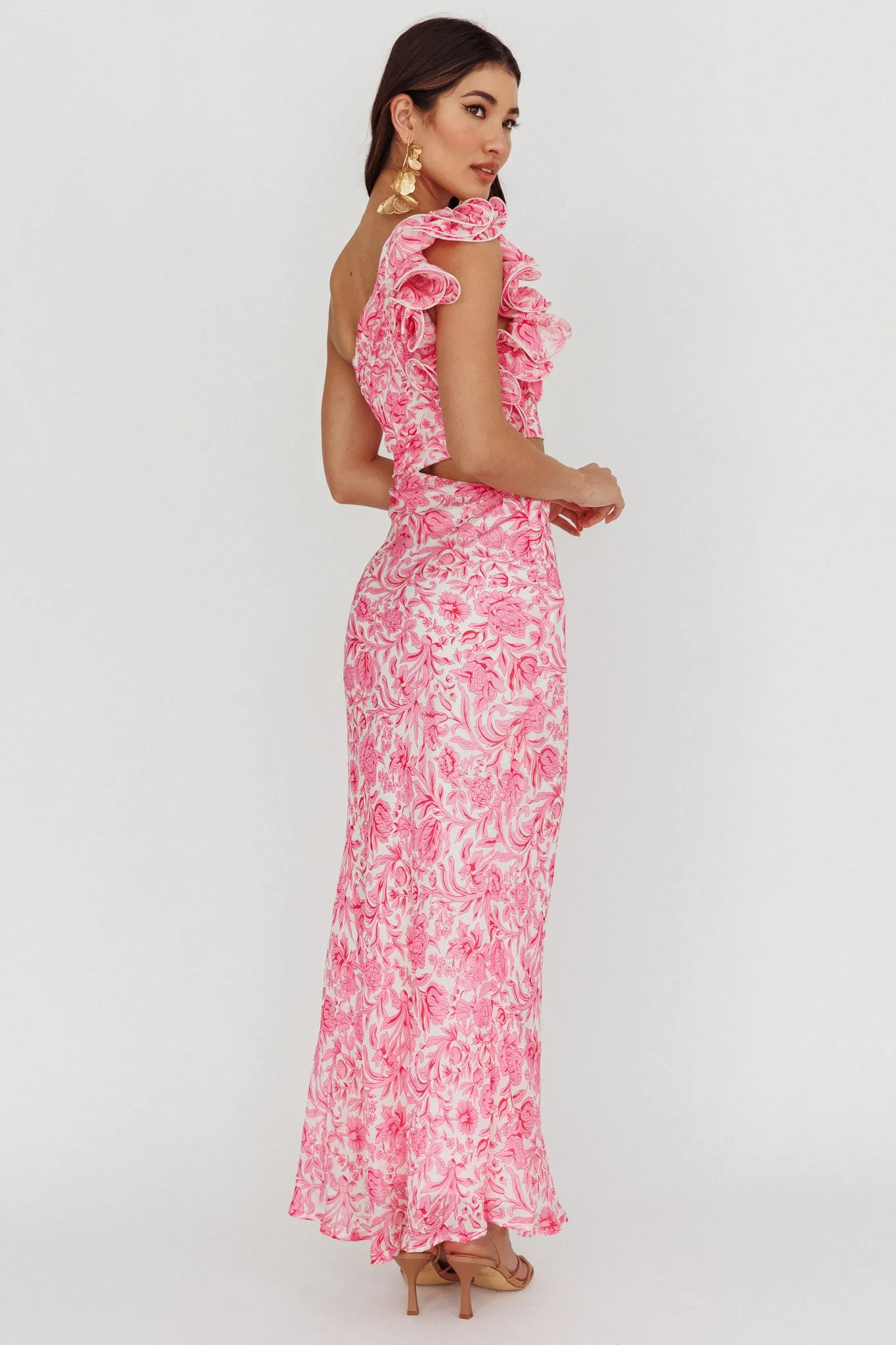 Deanna One-Shoulder Ruffle Midi Dress Floral Pink sold by Selfie Leslie product image thumbnail 2