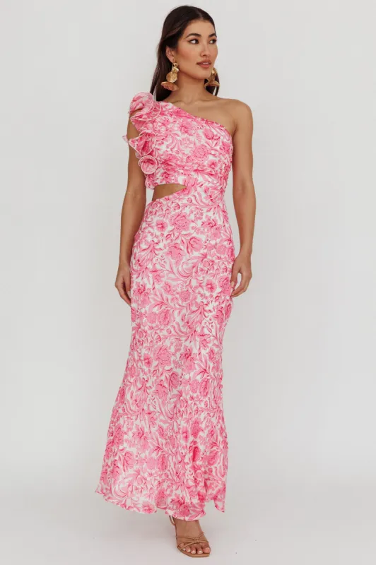 Deanna One-Shoulder Ruffle Midi Dress Floral Pink sold by Selfie Leslie
