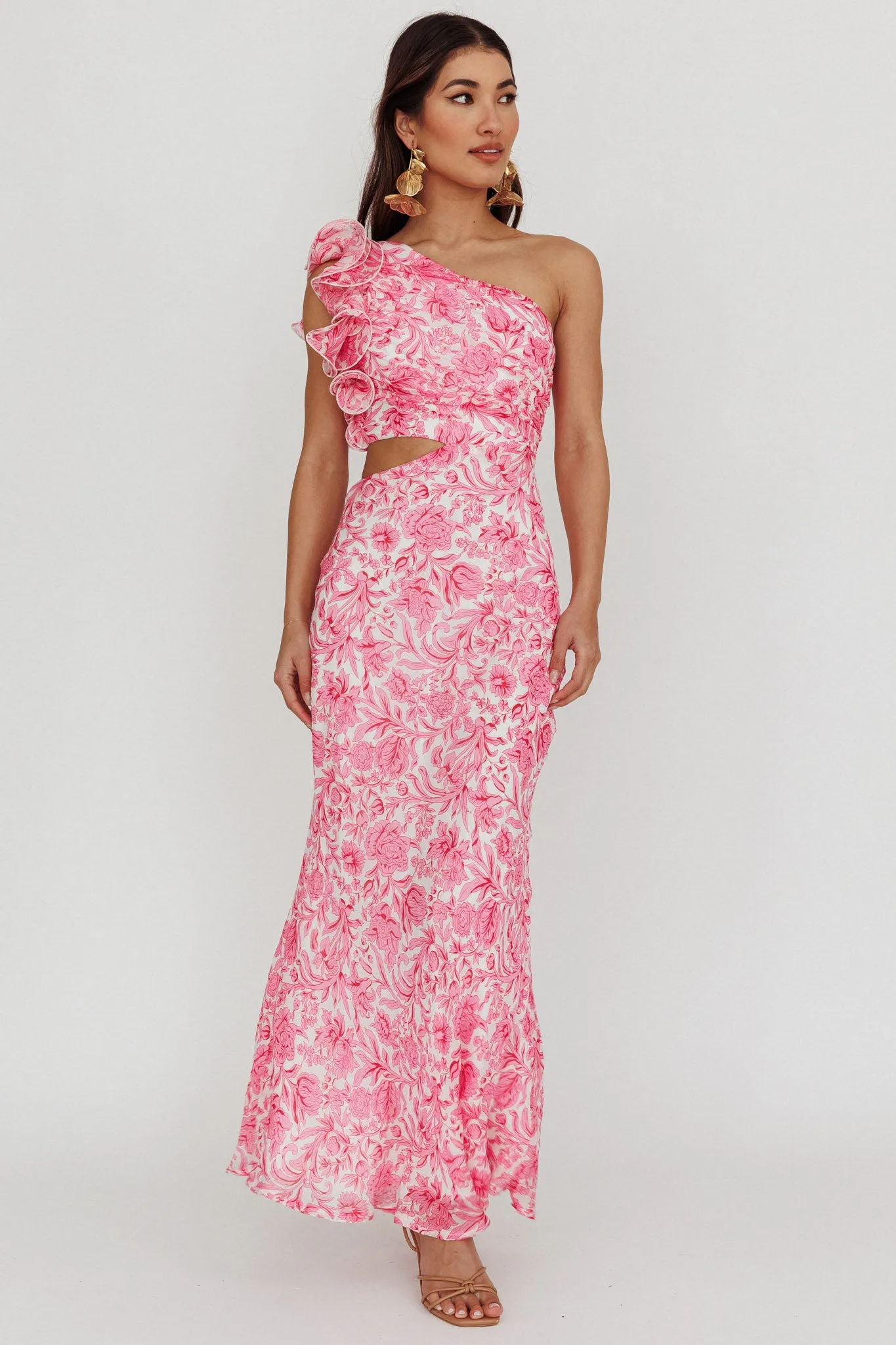 Deanna One-Shoulder Ruffle Midi Dress Floral Pink sold by Selfie Leslie