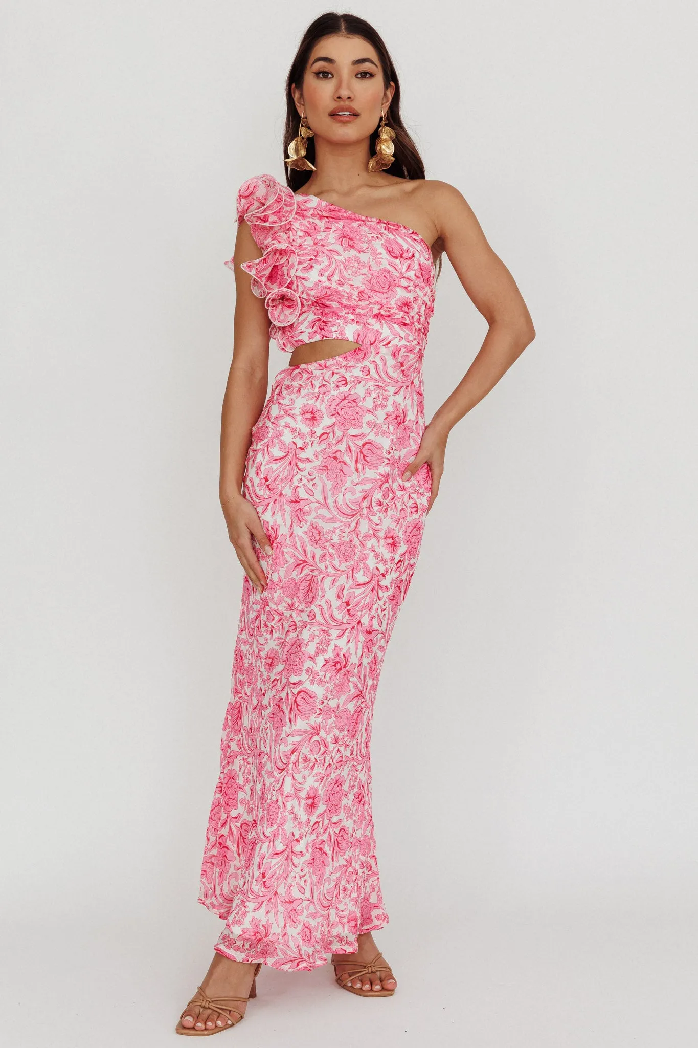 Deanna One-Shoulder Ruffle Midi Dress Floral Pink sold by Selfie Leslie product image thumbnail 5