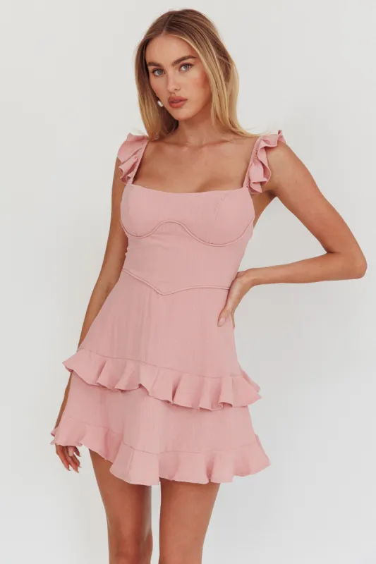Moonlit Moment Ruffle Trim Piping Detail Lace-Up Back Dress Dusty Rose sold by Selfie Leslie