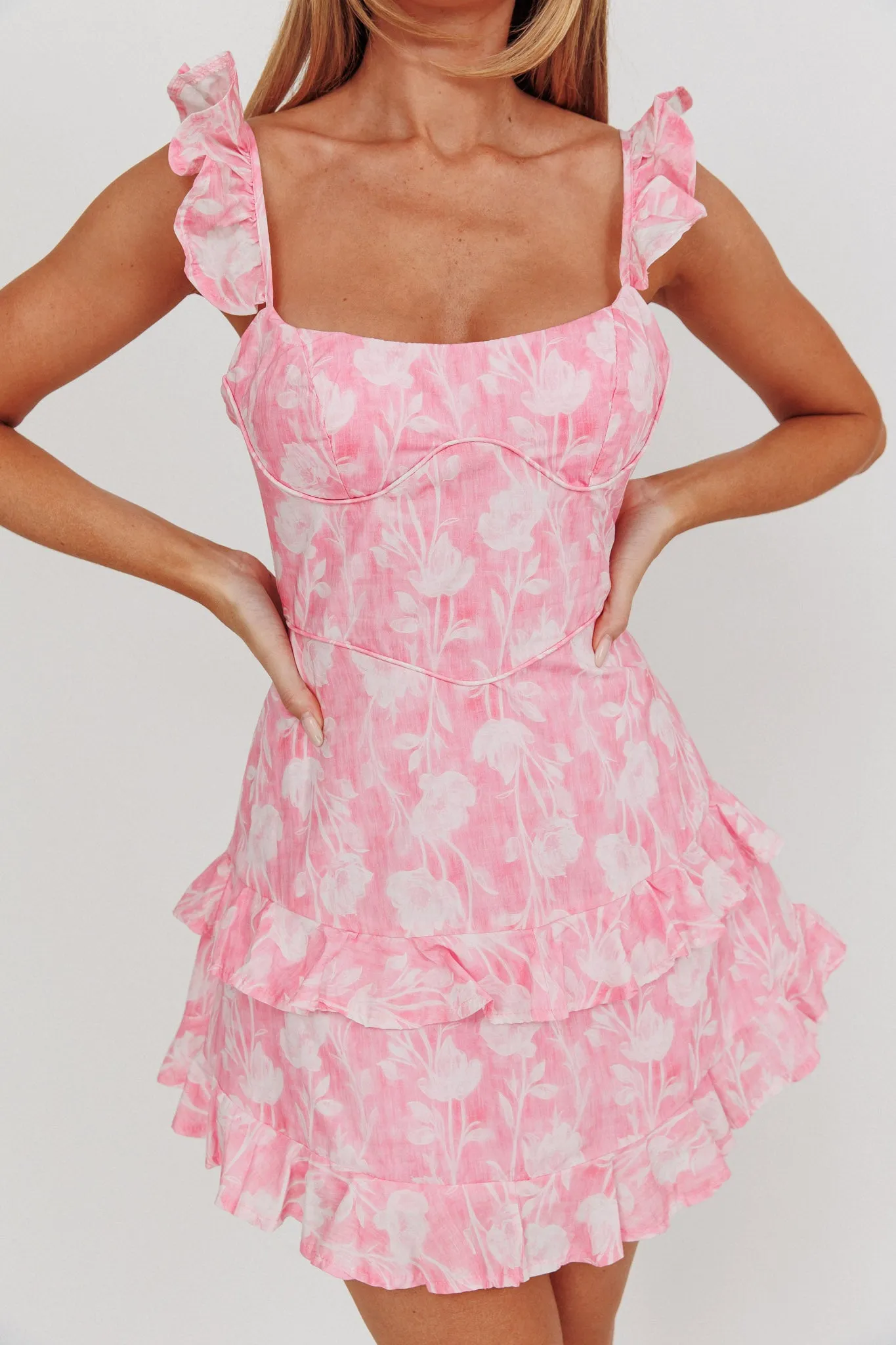 Moonlit Moment Ruffle Trim Lace-Up Back Dress Flowers Pink sold by Selfie Leslie product image thumbnail 3