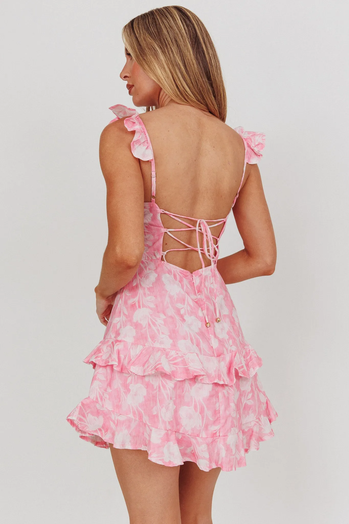 Moonlit Moment Ruffle Trim Lace-Up Back Dress Flowers Pink sold by Selfie Leslie product image thumbnail 2