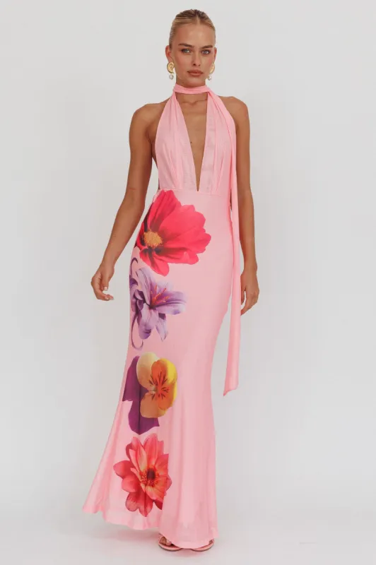 Italia Azure Halterneck Maxi Dress Flowers Pink sold by Selfie Leslie