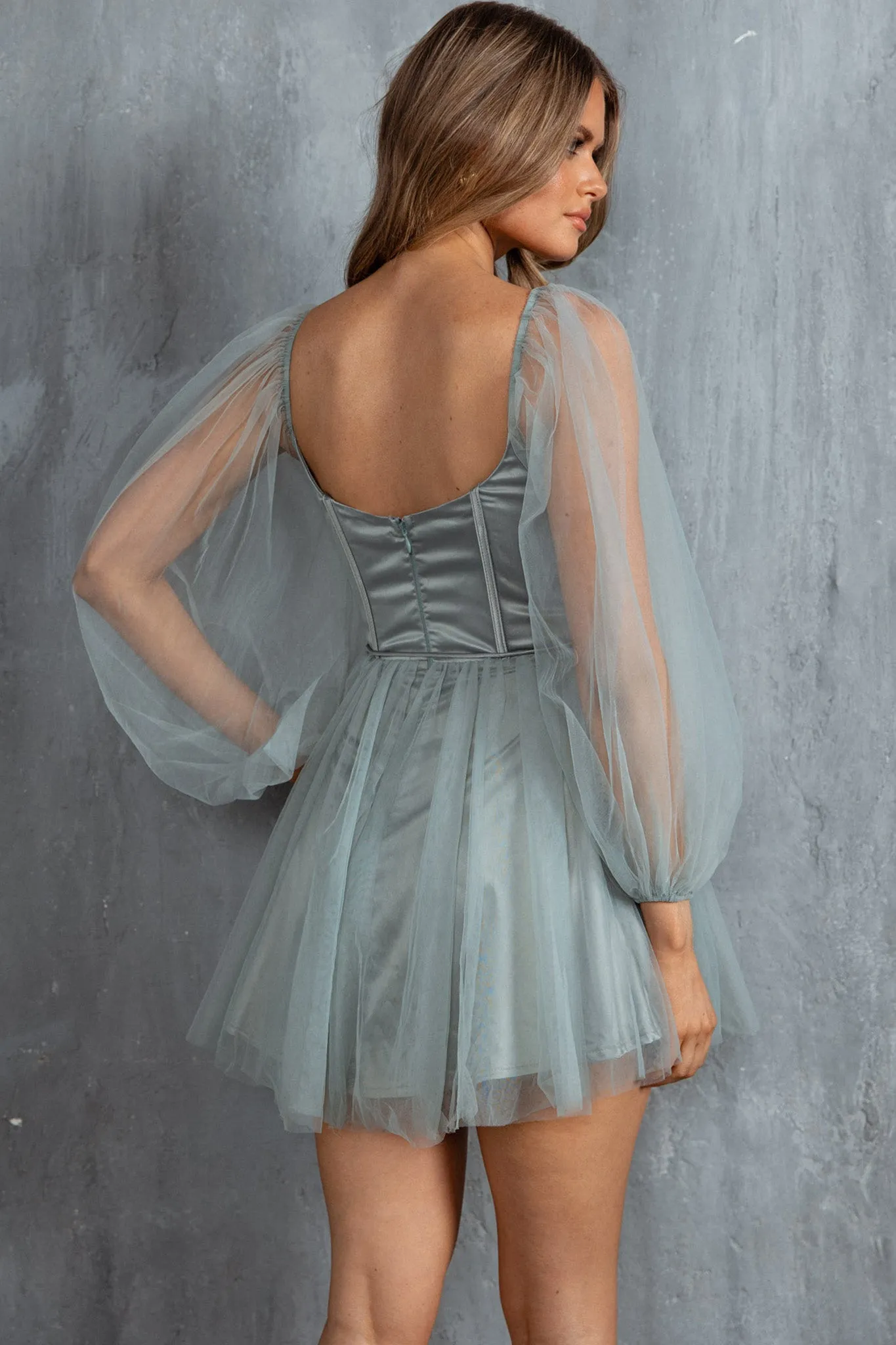 Fairytale Dream Sheer Sleeve Mini Dress Sage sold by Selfie Leslie product image thumbnail 2