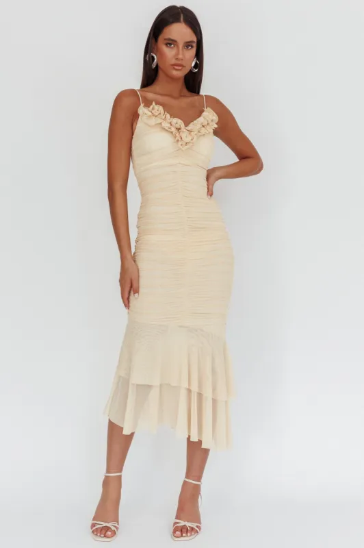 Nadia Ruffle Neckline Ruched Midi Dress Butter sold by Selfie Leslie