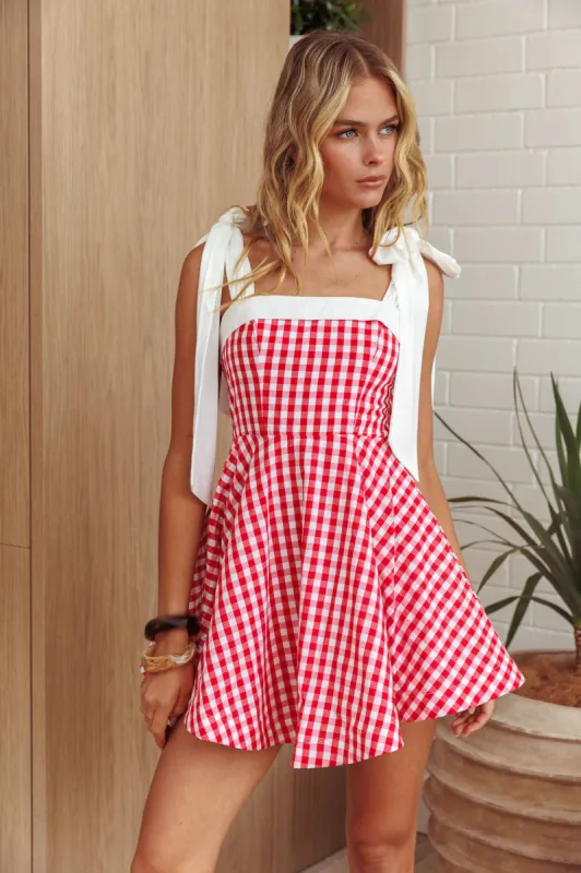 Jeanie Tied Shoulder Mini Dress Gingham Red sold by Selfie Leslie