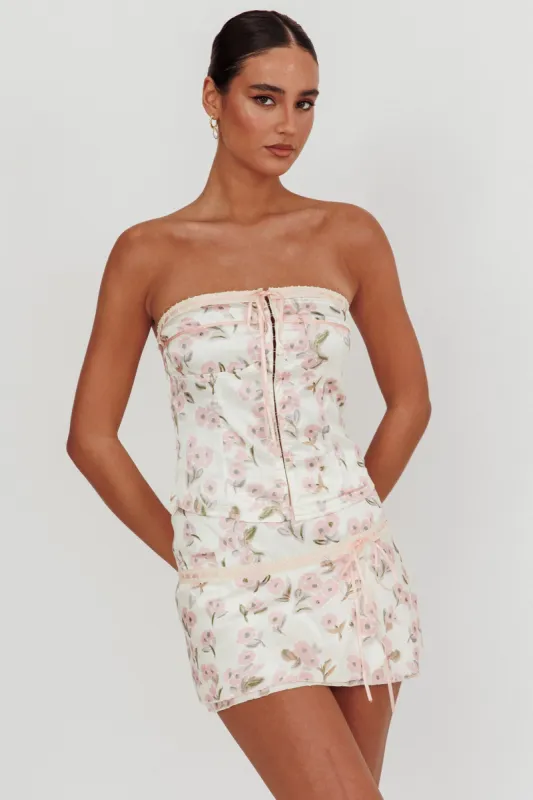 Tiya Lace Trim Mini Skirt Floral Pink sold by Selfie Leslie