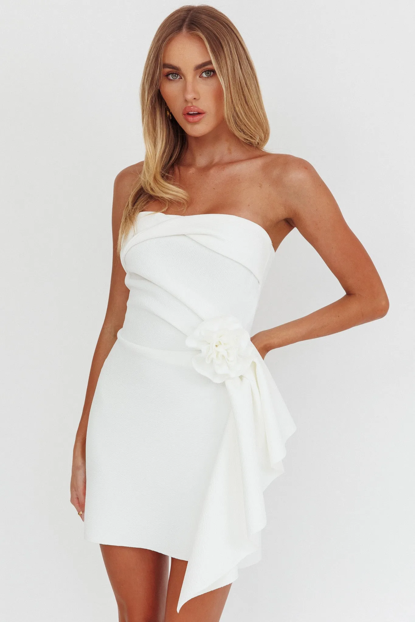 Sasha Cascade Ruffle Rosette Mini Dress White sold by Selfie Leslie