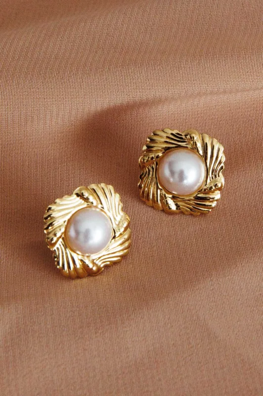 Diana Square Pearl Accent Earrings Gold sold by Selfie Leslie