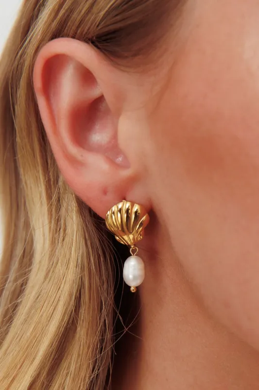 Coralee Shell And Pearl Drop Earrings Gold sold by Selfie Leslie
