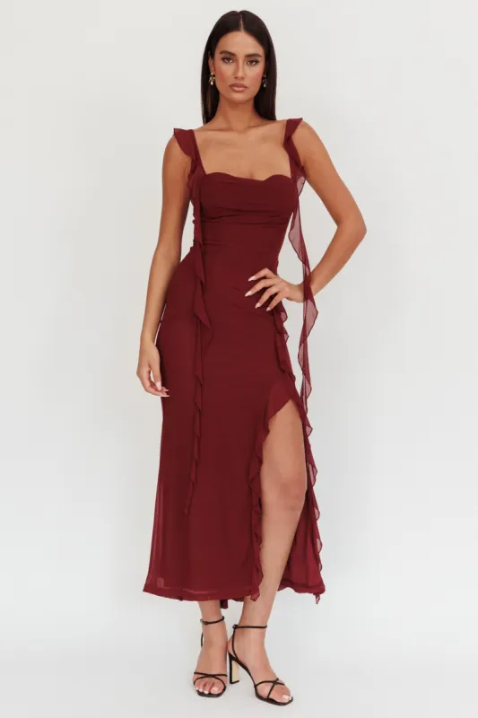 Blushing Ruffle Trim Maxi Dress Wine sold by Selfie Leslie