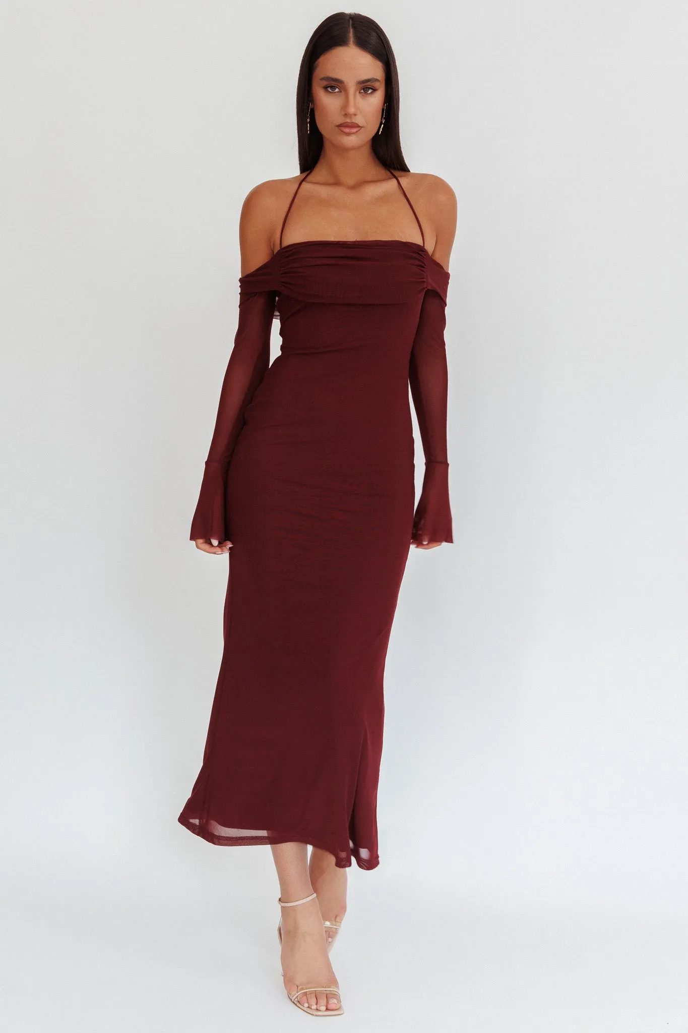 Numbers Game Off-Shoulder Halter Maxi Dress Chocolate sold by Selfie Leslie product image thumbnail 4