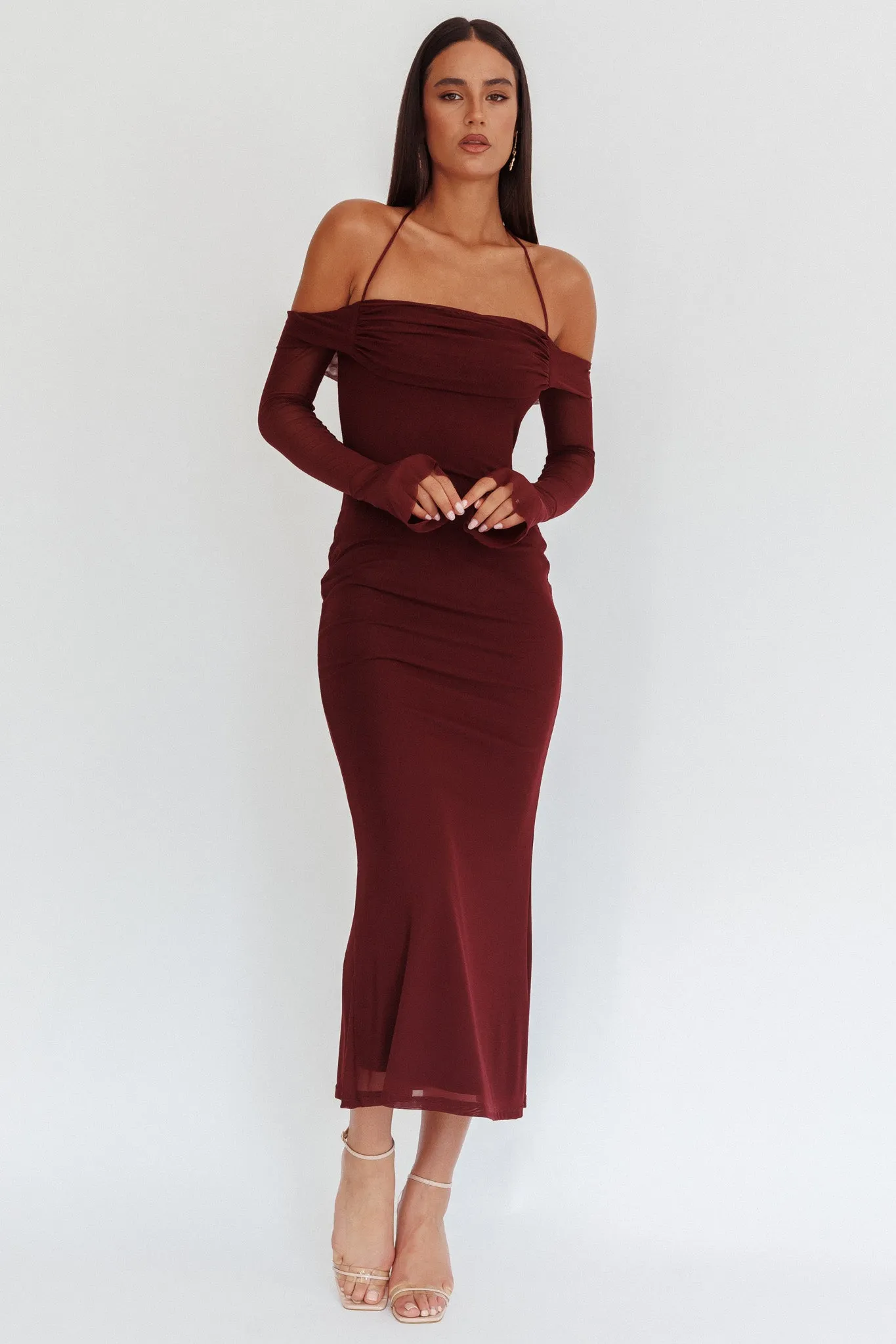 Numbers Game Off-Shoulder Halter Maxi Dress Chocolate sold by Selfie Leslie product image thumbnail 5