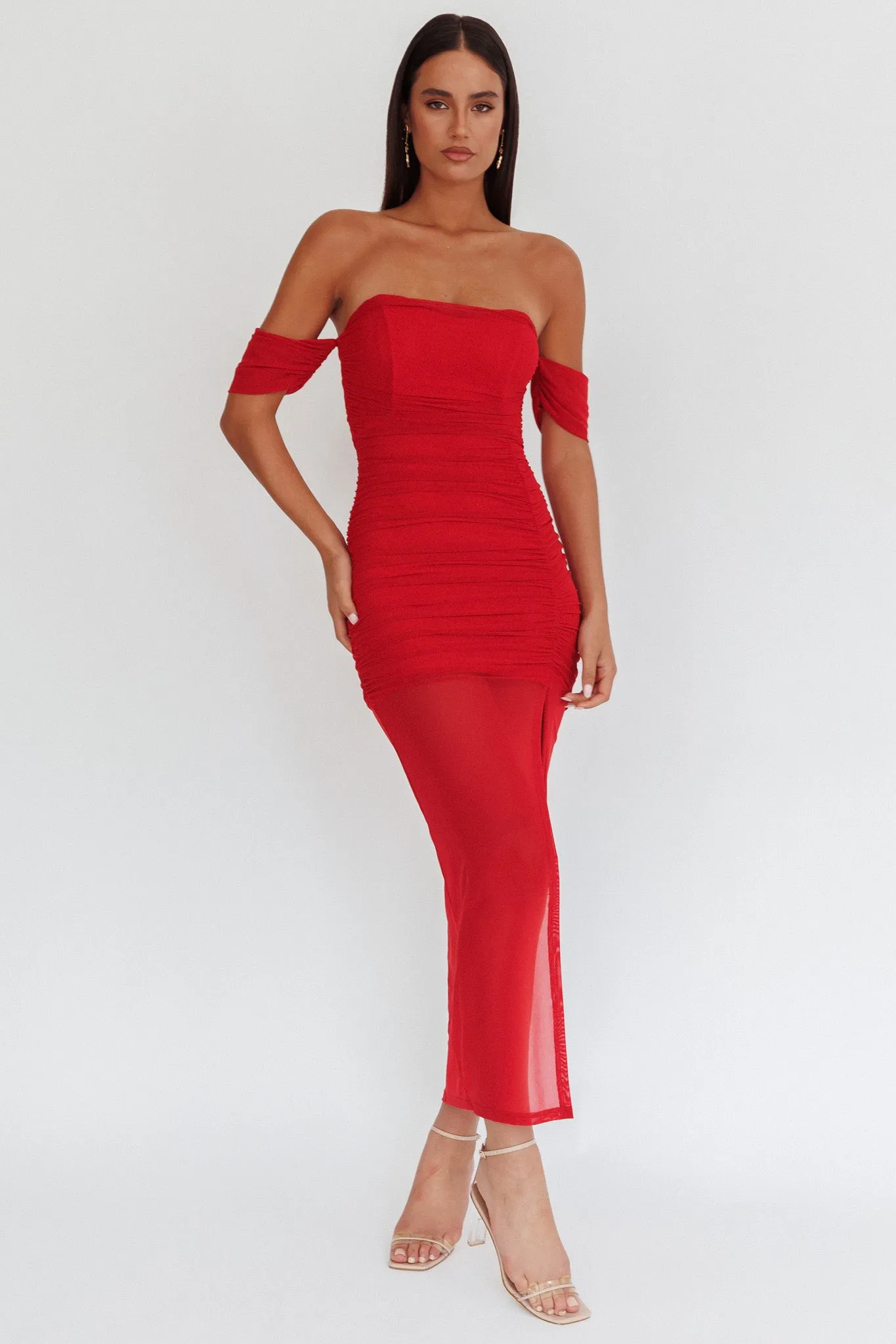 Melonie Off-Shoulder Mesh Maxi Dress Red sold by Selfie Leslie