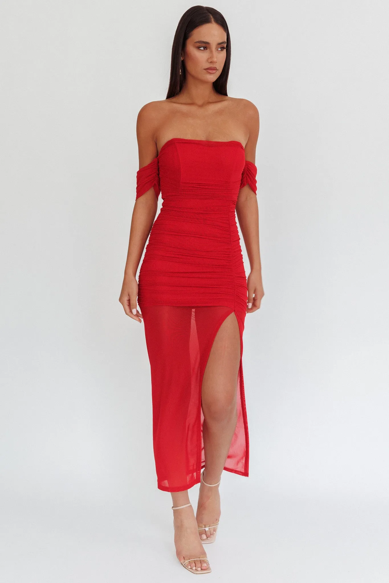 Melonie Off-Shoulder Mesh Maxi Dress Red sold by Selfie Leslie product image thumbnail 4