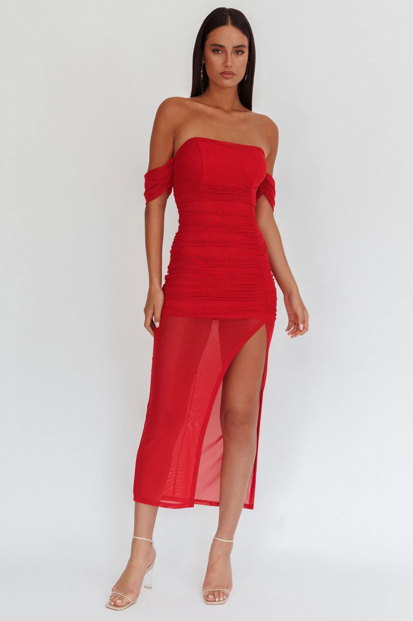 Melonie Off-Shoulder Mesh Maxi Dress Red sold by Selfie Leslie product image thumbnail 5