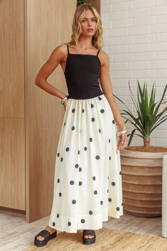 Melbourne Contrast Bodice Maxi Dress Polka Dot Black sold by Selfie Leslie