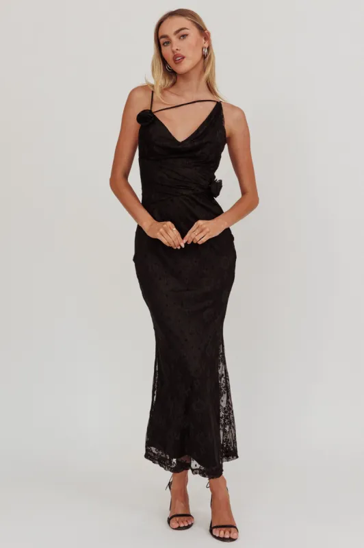 Golden Glow Rosette Cowl Neck Maxi Dress Black sold by Selfie Leslie