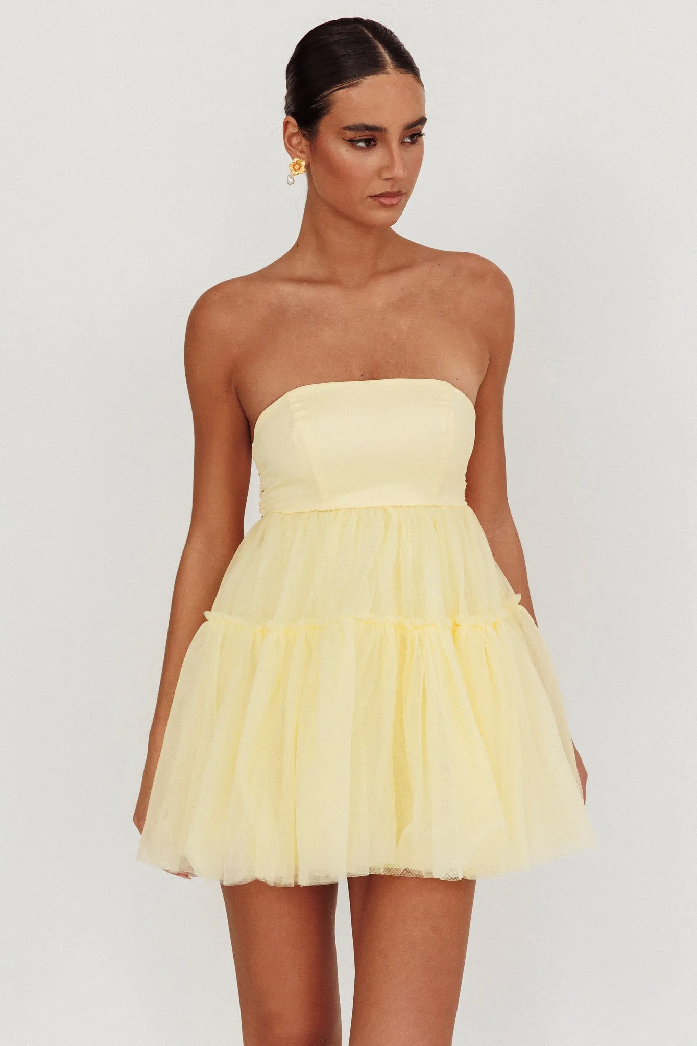 Dreamscape Strapless Tulle Mini Dress Lemon sold by Selfie Leslie