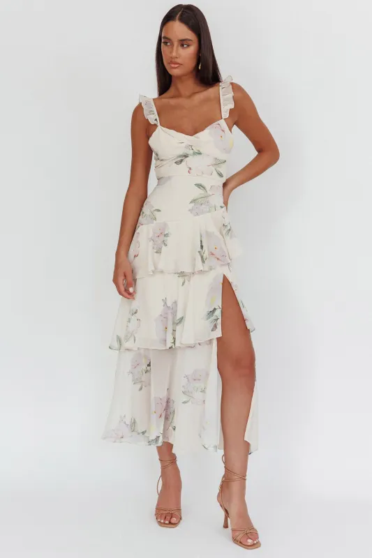 Veda Ruffle Strap Split Maxi Dress Magnolia Cream sold by Selfie Leslie